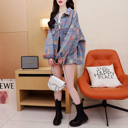 話題沸騰中 プリント 韓国風ファッション デニムジャケットゆったりコートE-9239