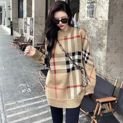 レトロ ラウンドネック オシャレ度満点 チェック柄 長袖 ニット セーターE-6808
