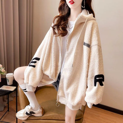 好感度UPアルファベットロゴボアフルジップパーカー 厚手トップス 全4色 E-4443