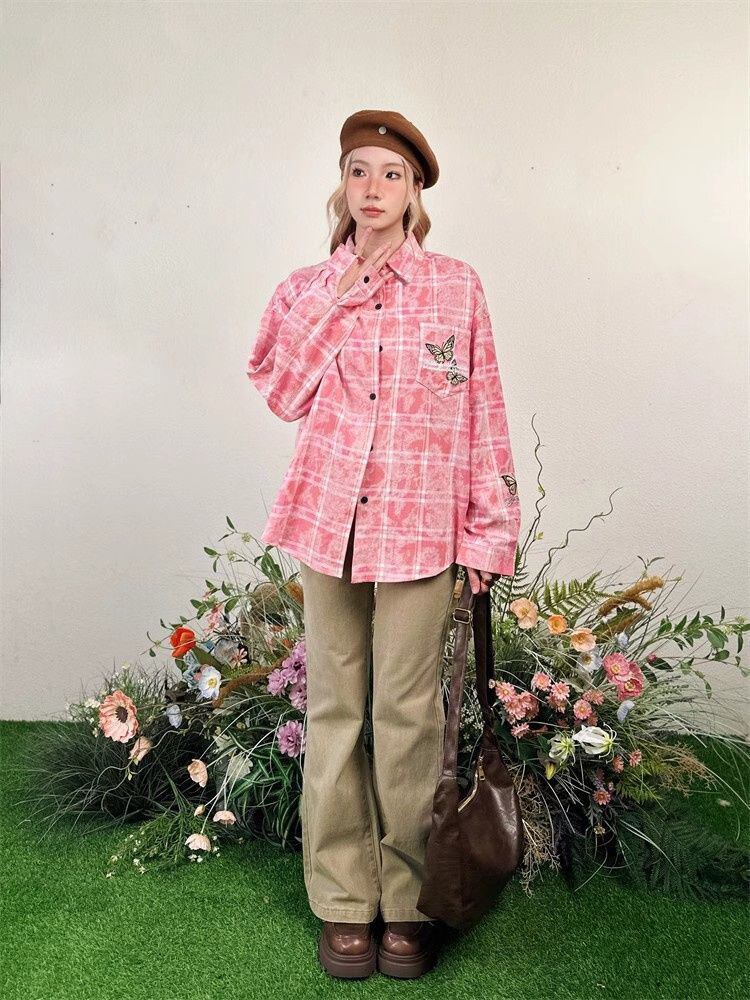 アクティブも綺麗も叶う 刺繍 カジュアル チェック柄 全2色 カップル シャツ E-9166