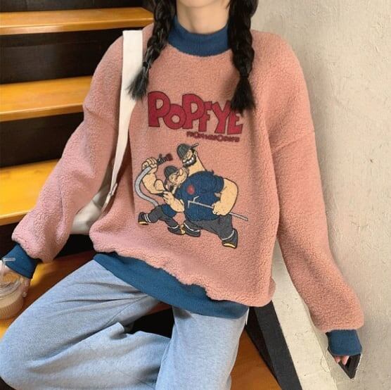 韓国系ふわふわグラフィックロゴボアスウェットトップス全2色E-4208