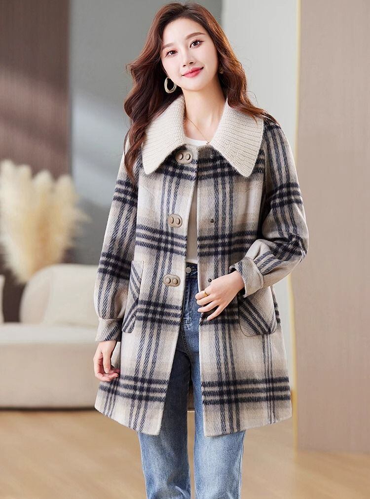 絶対欲しい チェック柄 高級感溢れる 2色選択 ミドルレングス コート E-9740