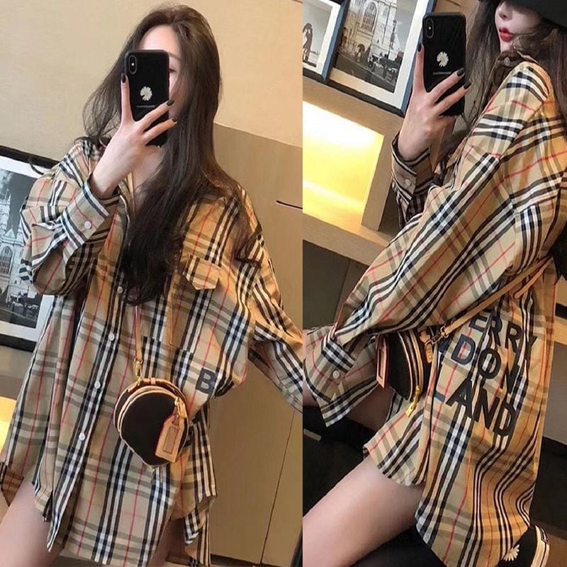 【ランキングNO.5】着痩せ チェック柄 レトロ 長袖 アルファベット シャツ ブラウスE-2144