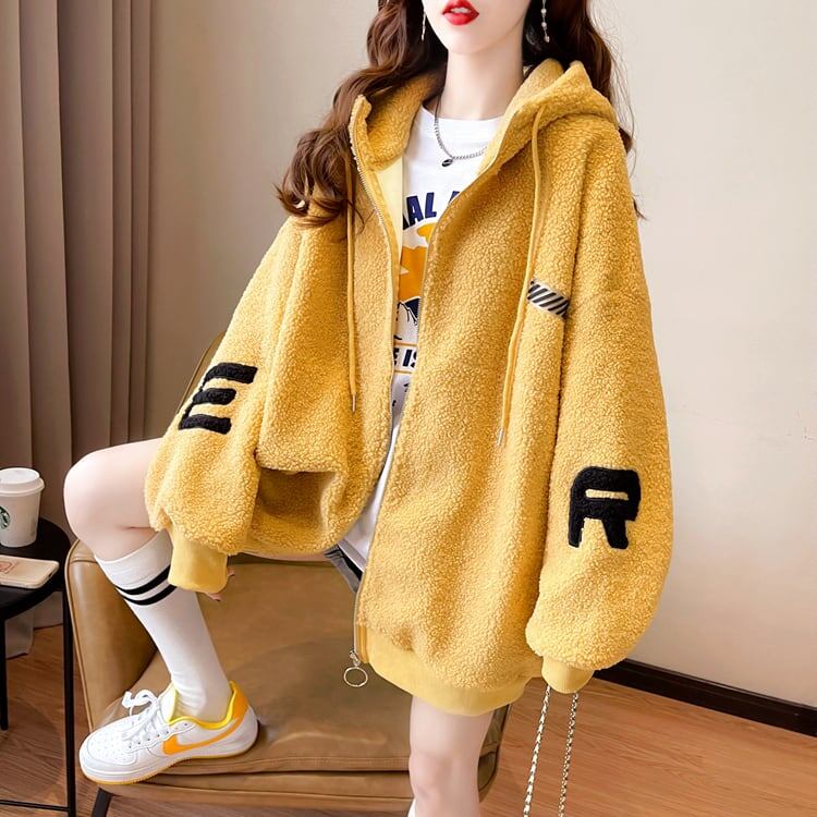 好感度UPアルファベットロゴボアフルジップパーカー 厚手トップス 全4色 E-4443