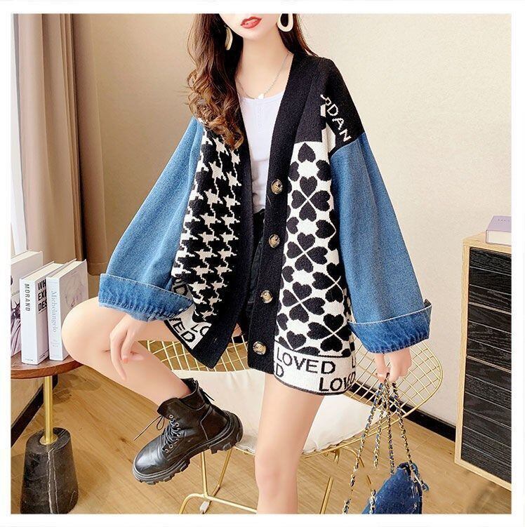 都市ファッショ デザイン オシャレ デニム切り替え 全2色 ニットカーディガンE-9377