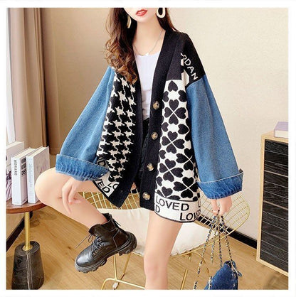 都市ファッショ デザイン オシャレ デニム切り替え 全2色 ニットカーディガンE-9377