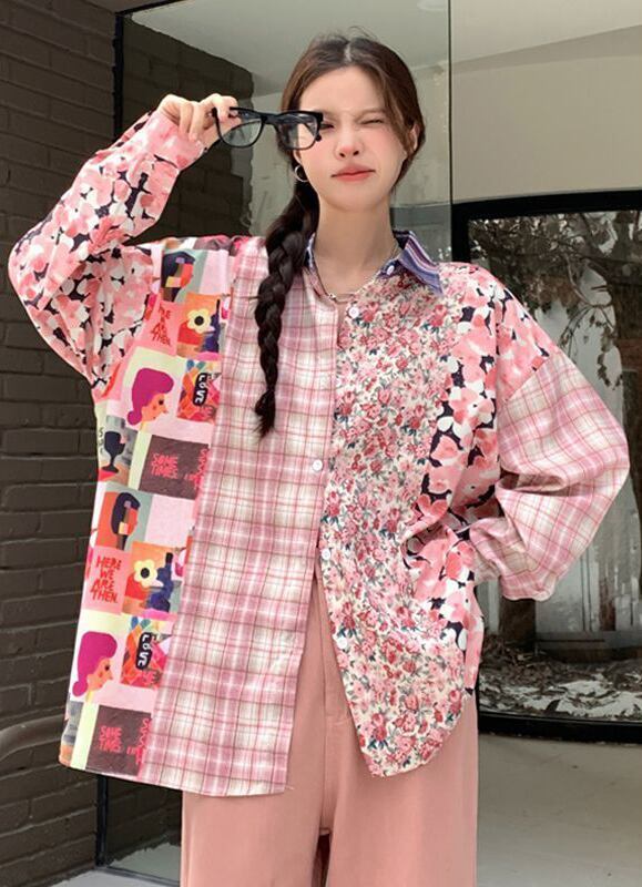 スタイルアップ効果抜群 切り替え カジュアル チェック柄 全2色 シャツ E-9177