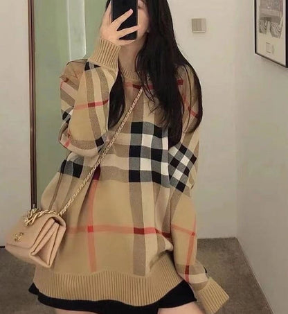 レトロ オシャレ度満点 ラウンドネック チェック柄 長袖  ニット セーターE-2530
