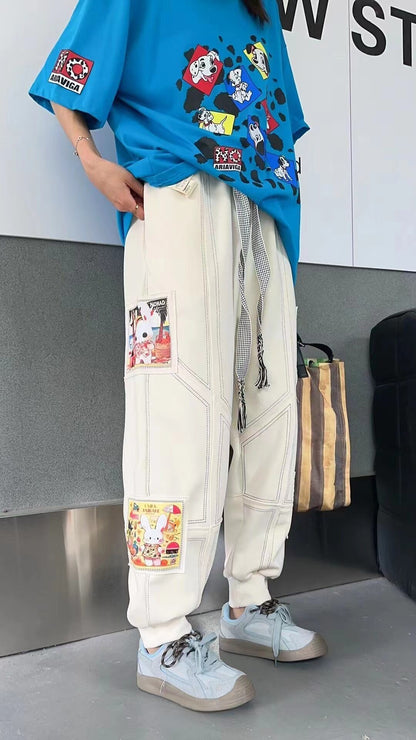 大活躍 高見えデザイン スタイルアップ効果抜群 切り替え プリント 全4色 カジュアルパンツE-9358