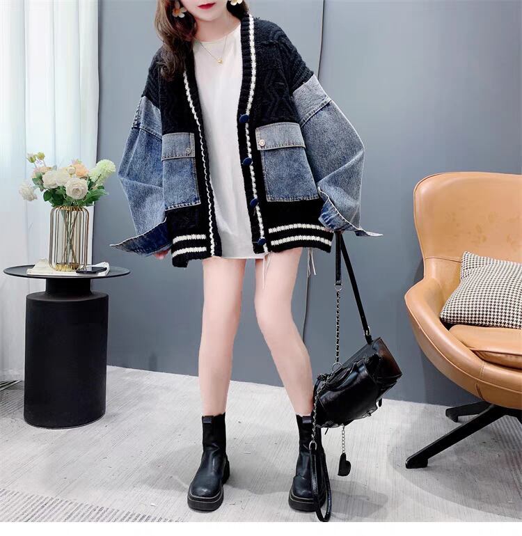 存在感抜群 おしゃれ度高め トレンドアイテム デニム 切り替え 2色選択 ニットトップスE-9724