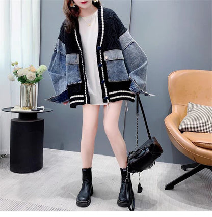 存在感抜群 おしゃれ度高め トレンドアイテム デニム 切り替え 2色選択 ニットトップスE-9724