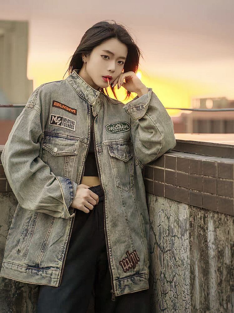 絶対流行 スタンドネック 高見えデザイン 男女兼用 デニム ジャケット ゆったり コートE-9312