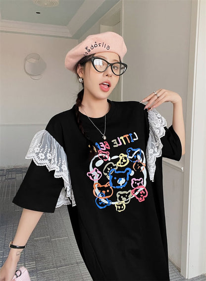 おすすめ ファッション レース 切り替え プリント Tシャツ カットソー ワンピース＜ins-8535＞