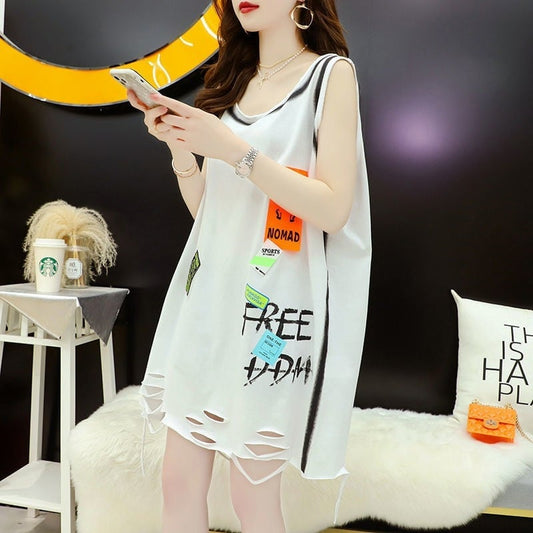 今季マストバイ ダメージ加工 デザイン性抜群 プリント全2色 ノースリーブ Tシャツ カットソーE-9141