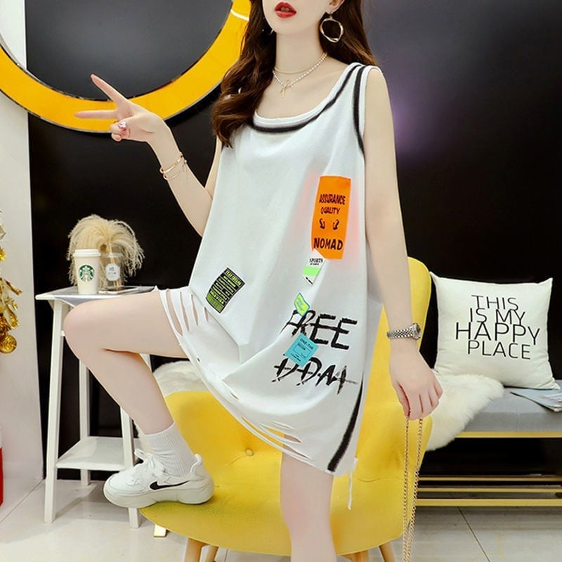 今季マストバイ ダメージ加工 デザイン性抜群 プリント全2色 ノースリーブ Tシャツ カットソーE-9141