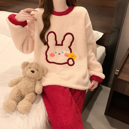 柔らかな肌触りで着心地も楽ちん！モコモコ ルームウェア 全3色 パジャマ 上下セットE-10337