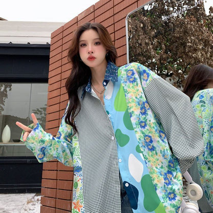 スタイルアップ効果抜群 切り替え カジュアル チェック柄 全2色 シャツ E-9177