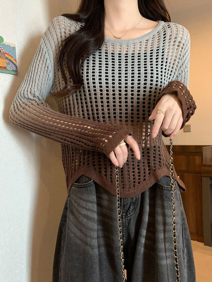 話題沸騰中 グラデーション おしゃれ度高め 透かし彫り ニットトップスE-9557