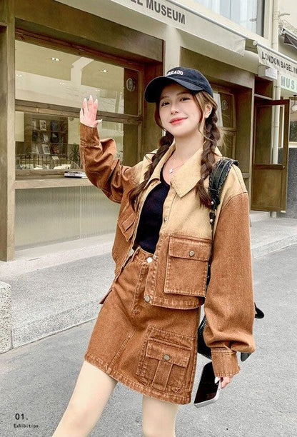 絶対欲しい グラデーション デザイン性抜群 デニム トップスⅹミニスカートセットアップE-9159