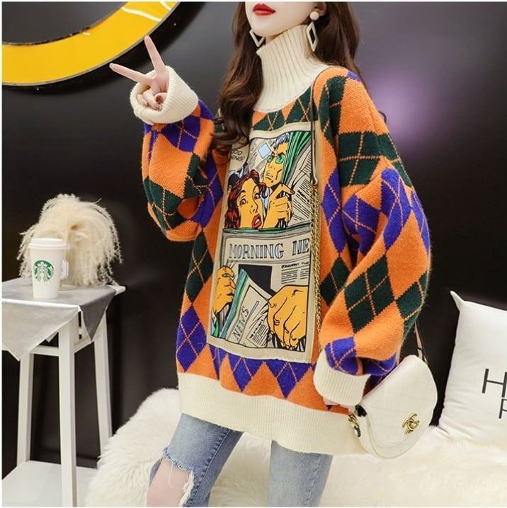 超人気配色チェック柄グラフィックロゴニットセーターハイネック3色ありE-4328