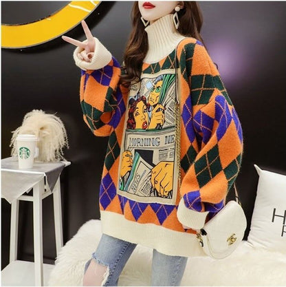 超人気配色チェック柄グラフィックロゴニットセーターハイネック3色ありE-4328