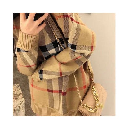 レトロ オシャレ度満点 ラウンドネック チェック柄 長袖  ニット セーターE-2530