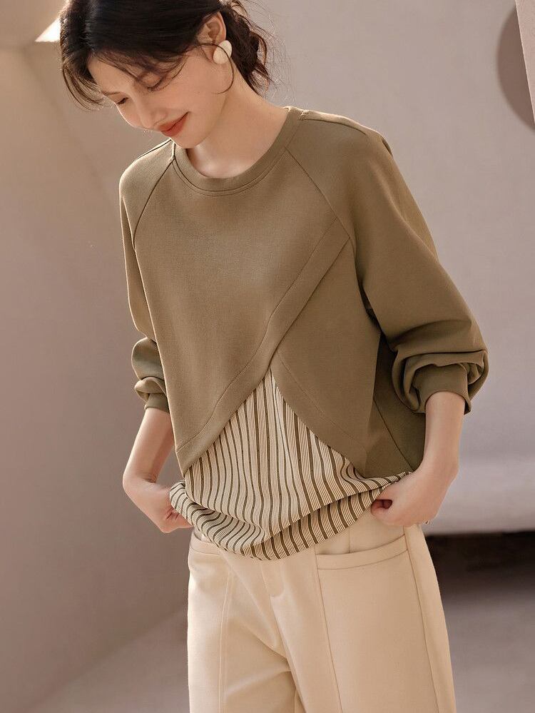 人気上昇中 オシャレ 都市ファッショ デザイン レイヤード風 切り替え ニットトップスE-9546