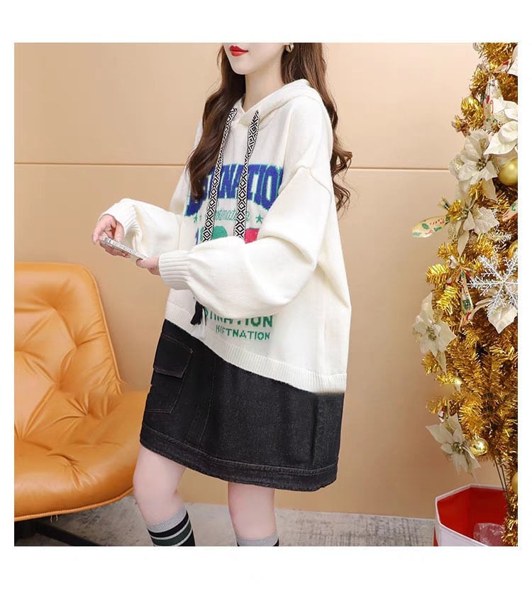 着?せアルファベットロゴ切り替えデニムゆったりロングニットパーカー全2色E-4392