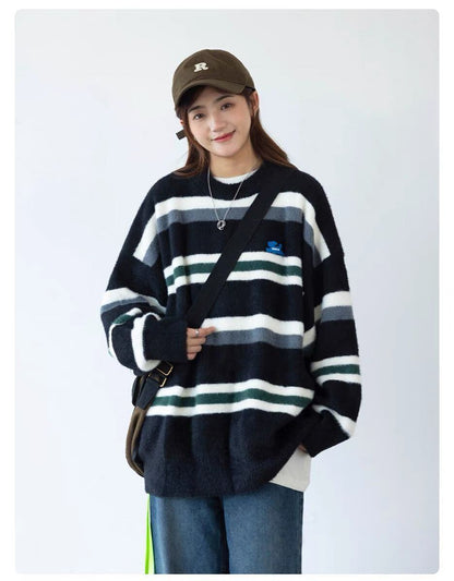 大活躍 カジュアル 柔らかくて優しい印象 ストライプ柄 2色選択ニットトップスE-9938