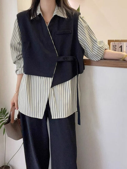 存在感抜群 レイヤード風 トレンドアイテム ストライプ柄 切り替え シャツ E-9555