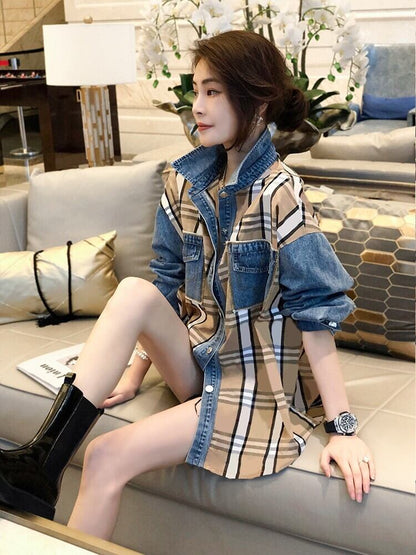 大好評 ファッション 売り切れ必至 チェック柄 切り替え デニム Tシャツ E-9220