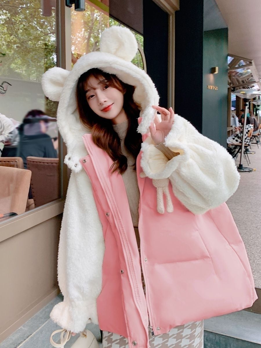 美人度アップもこもこボア厚手 3色 アニマルパーカー もこもこパーカーコートE-12384