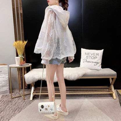 透け感 UVカット  UV対策 長袖レース刺繍シャツ　iEf-1716