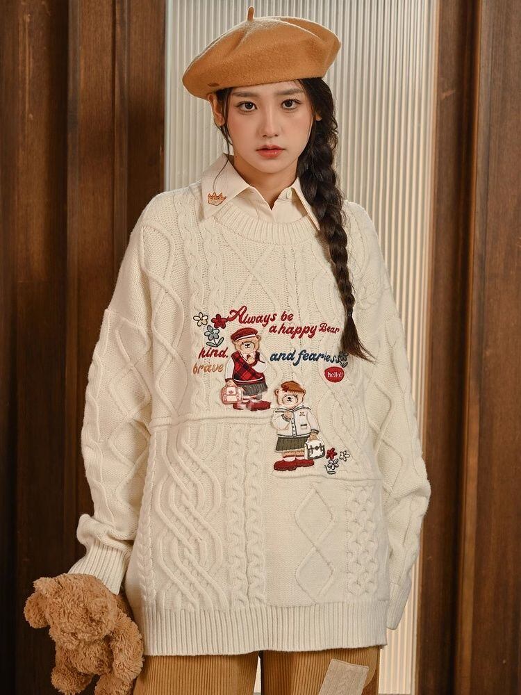 超人気 気質アップ 絶対欲しい Vネック 刺繍 切り替え2色選択 ニットトップスE-9577