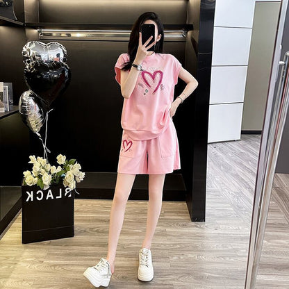 超人気 ホットダイヤモンド カジュアル プリント 半袖Tシャツ ショートパンツ セットアップ E-9215