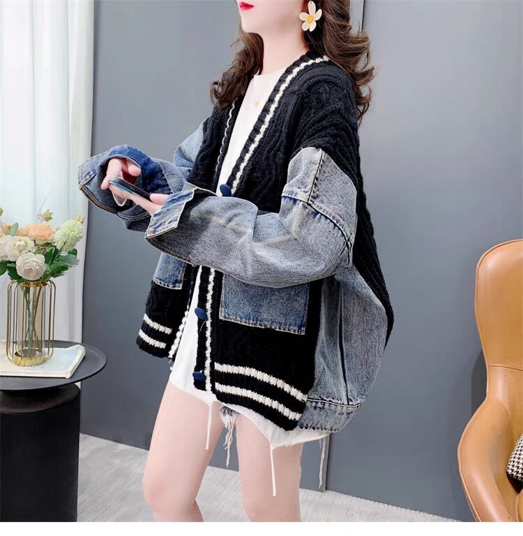 存在感抜群 おしゃれ度高め トレンドアイテム デニム 切り替え 2色選択 ニットトップスE-9724