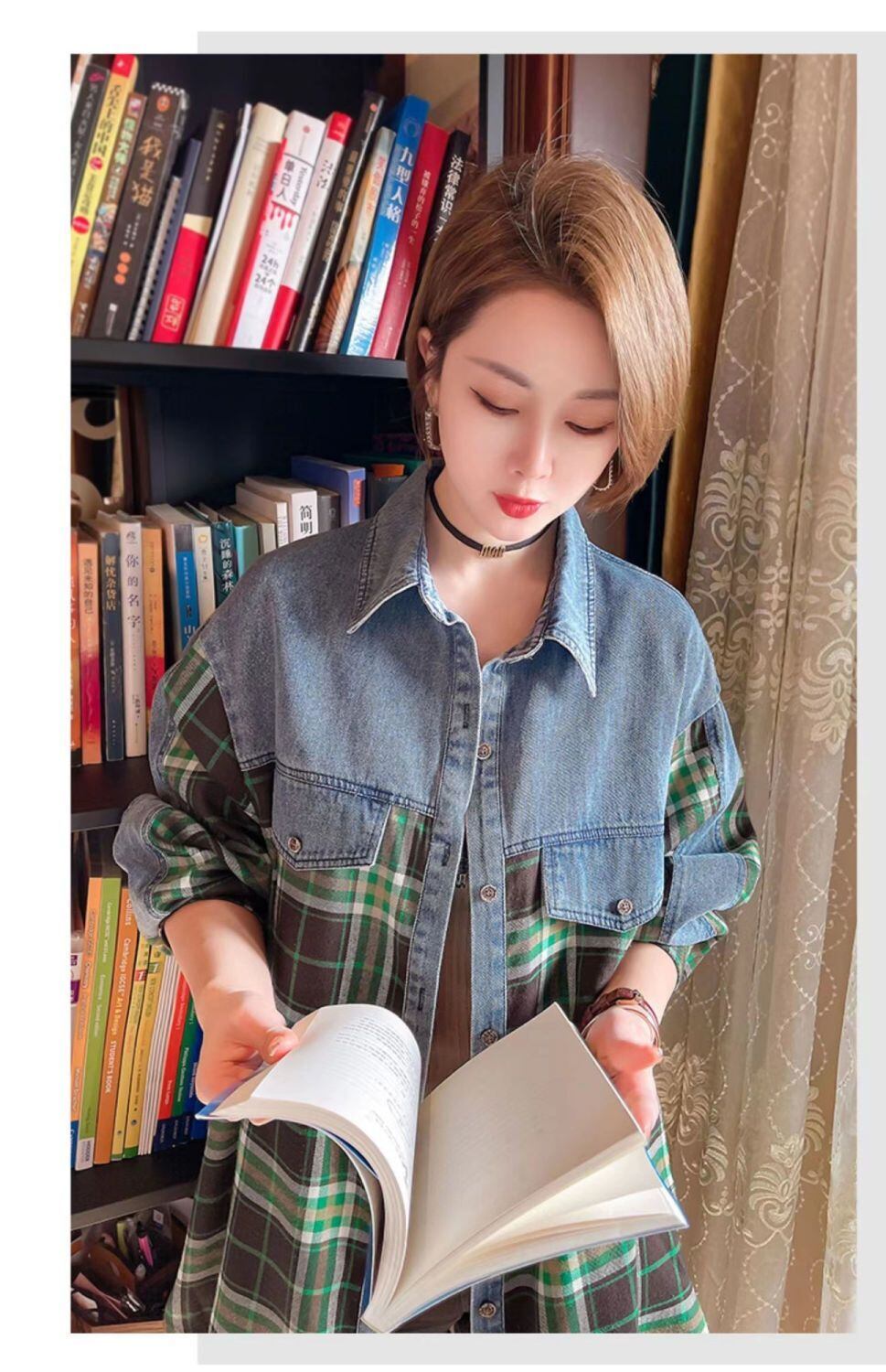 今季マストバイ 着心地良い 絶対欲しい チェック柄 切り替え デニム シャツ E-9266