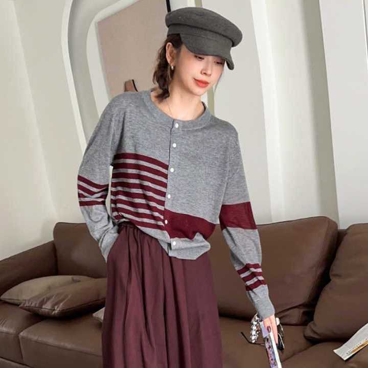 都市ファッショ デザイン オシャレ 切り替え ストライプ柄 ニットトップスE-9581