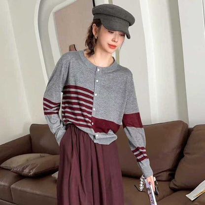 都市ファッショ デザイン オシャレ 切り替え ストライプ柄 ニットトップスE-9581