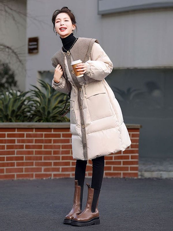 都市ファッショ デザイン オシャレ 切り替え 2色選択 ロングダウンジャケット E-9739