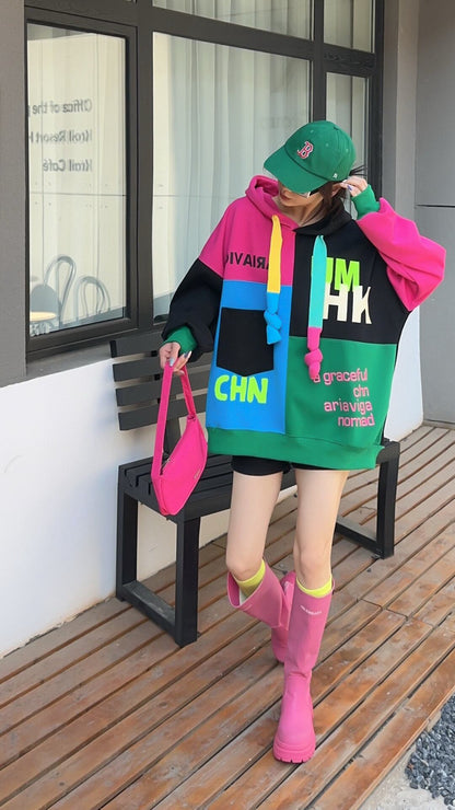 話題沸騰中 切り替え 目を奪われる カラーマッチング カジュアルプリント 3色 パーカー E-10522