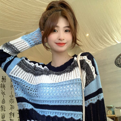 柔らかくて優しい印象 ストライプ柄 切り替え ニットトップスE-9142