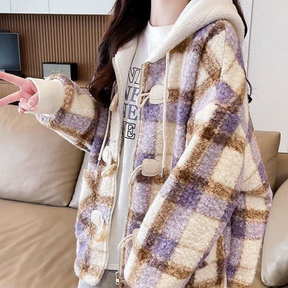 絶対流行 カジュアル 柔らかくて優しい印象 チェック柄 2色選択 ラムフリース コート ボアジャケットE-9854