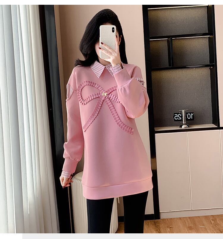 好感度UP レイヤード風 柔らかくて優しい印象 切り替え プラスベルベット 全3色 スウェットE-9809