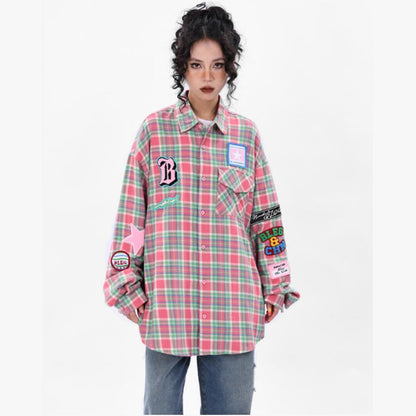 新商品 アバンギャルド 大活躍 カジュアル 刺繍 チェック柄 全2色 男女兼用 シャツ E-9167