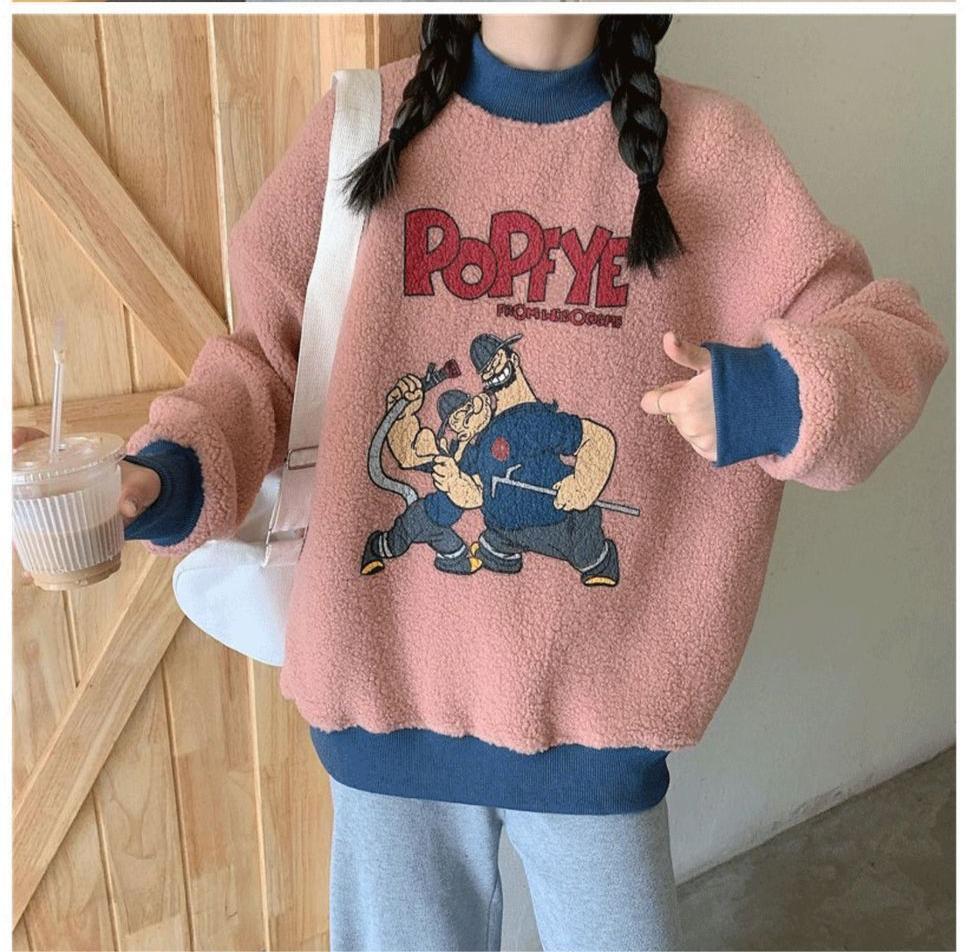 韓国系ふわふわグラフィックロゴボアスウェットトップス全2色E-4208