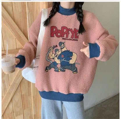 韓国系ふわふわグラフィックロゴボアスウェットトップス全2色E-4208