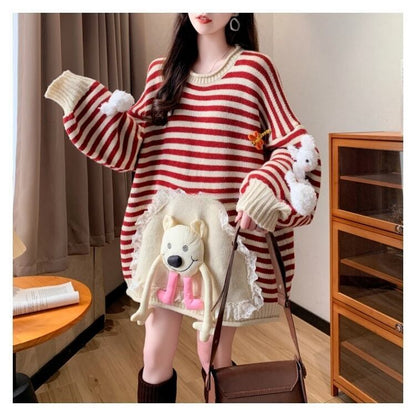 スタイルアップ効果抜群 ストライプ柄 個性的なデザイン 2色選択ニットトップスE-10585