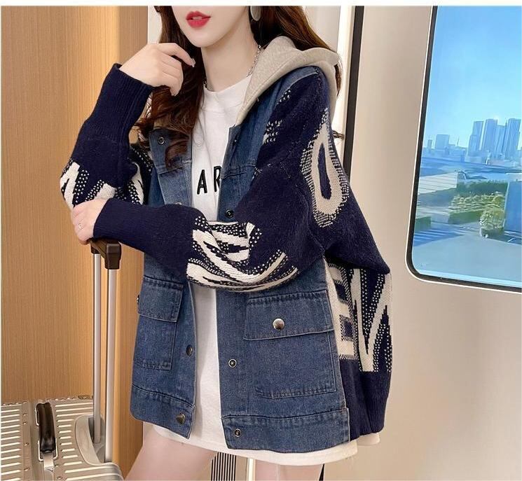 新作デニム切り替えニットフード付きパーカートップス全3色E-4321