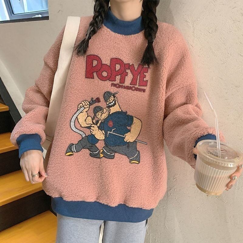 韓国系ふわふわグラフィックロゴボアスウェットトップス全2色E-4208